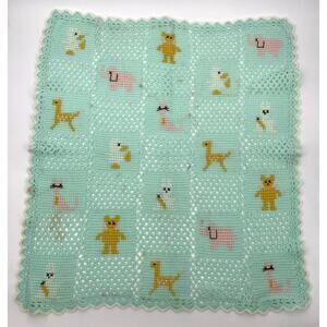 Vintage crochet knitted Baby Blanket Mint Green Animal Squares Crib Afghan 31x34